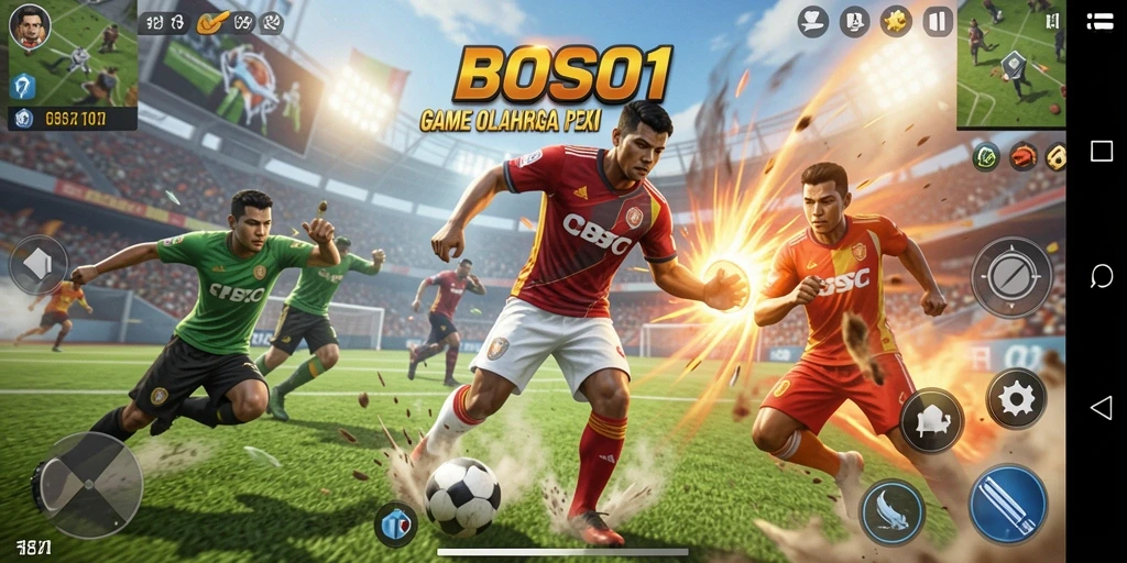 Tangkapan layar utama BOS01 menunjukkan aksi seru dalam permainan olahraga.