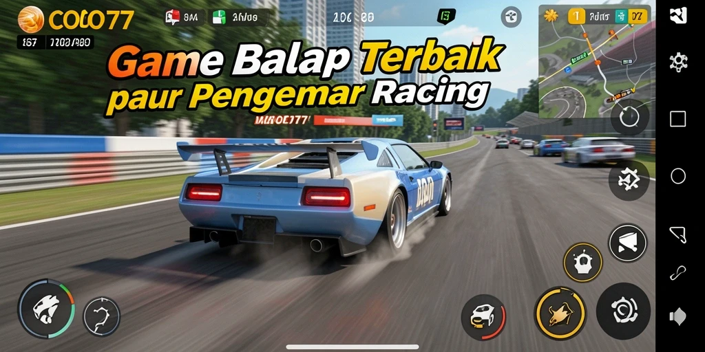 Screenshot gameplay COO77 menunjukkan mobil balap melaju kencang di trek yang menantang.