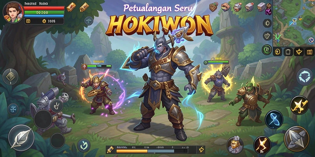 Screenshot gameplay HOKIWON yang menunjukkan karakter dalam pertempuran RPG.