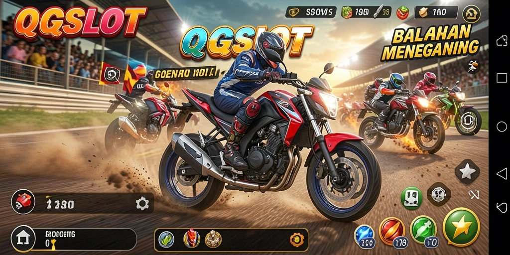 Tangkapan layar gameplay seru dari QQSLOT menampilkan balapan motor yang mendebarkan.