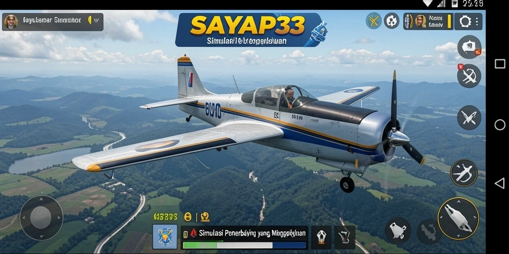 Screenshot dari gameplay SAYAP33 dengan pesawat terbang yang realistis.