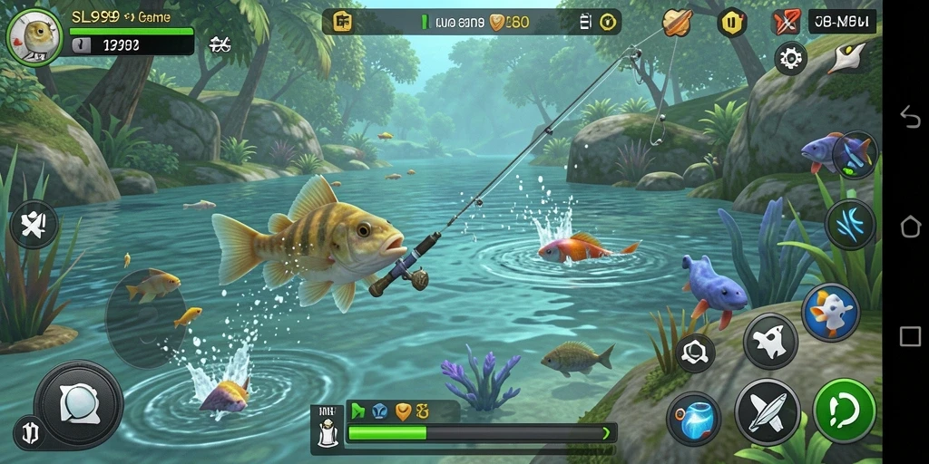 Screenshot gameplay SL999 yang menunjukkan aksi seru memancing.