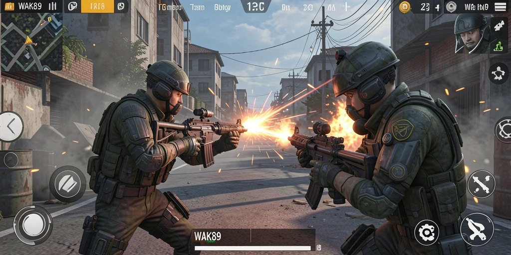 Tangkapan layar utama dari gameplay WAK89 dengan aksi tembak-menembak yang intens.